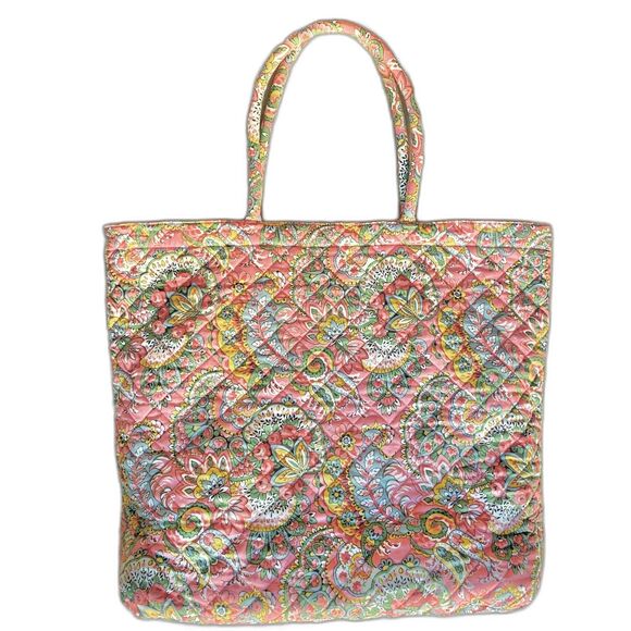 Soft Quilted Tote Bag, Floral Pattern, Designed in Italy Size: M/L Color: Pink - Picture 2 of 13